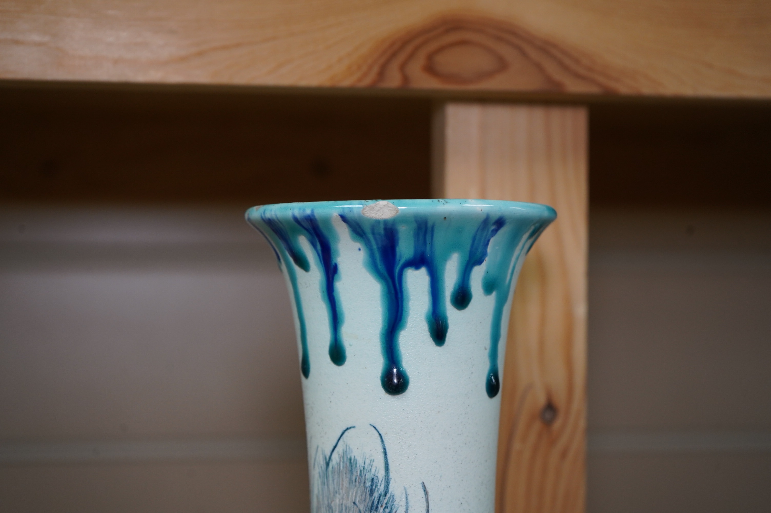 A Delphin Massier Vallauris vase, 28.5cm. Condition - repaired rim chip